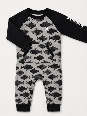 Hurley Black & Grey Fish-Print Raglan Infant Romper